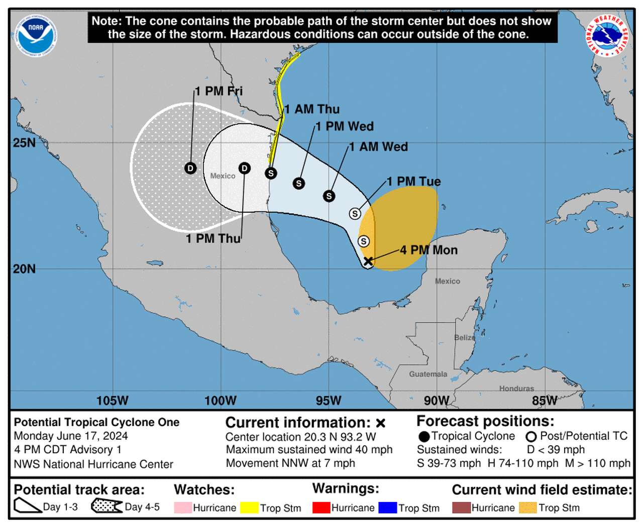 Shown is the forecast path for Potential Tropical Cyclone One, according to the National Hurricane Center. This system, while not directly affecting Southeast Texas, will bring heavy rain and the risk of flooding to the Houston area.