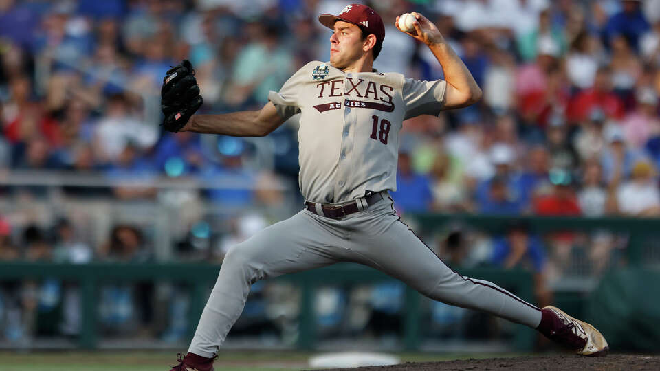 Texas A&M pitcher Ryan Prager (18) in action during an NCAA College World Series baseball game against Kentucky on Monday, June 17, 2024, in Omaha, Neb. Texas A&M won 5-1. (AP Photo/Mike Buscher)