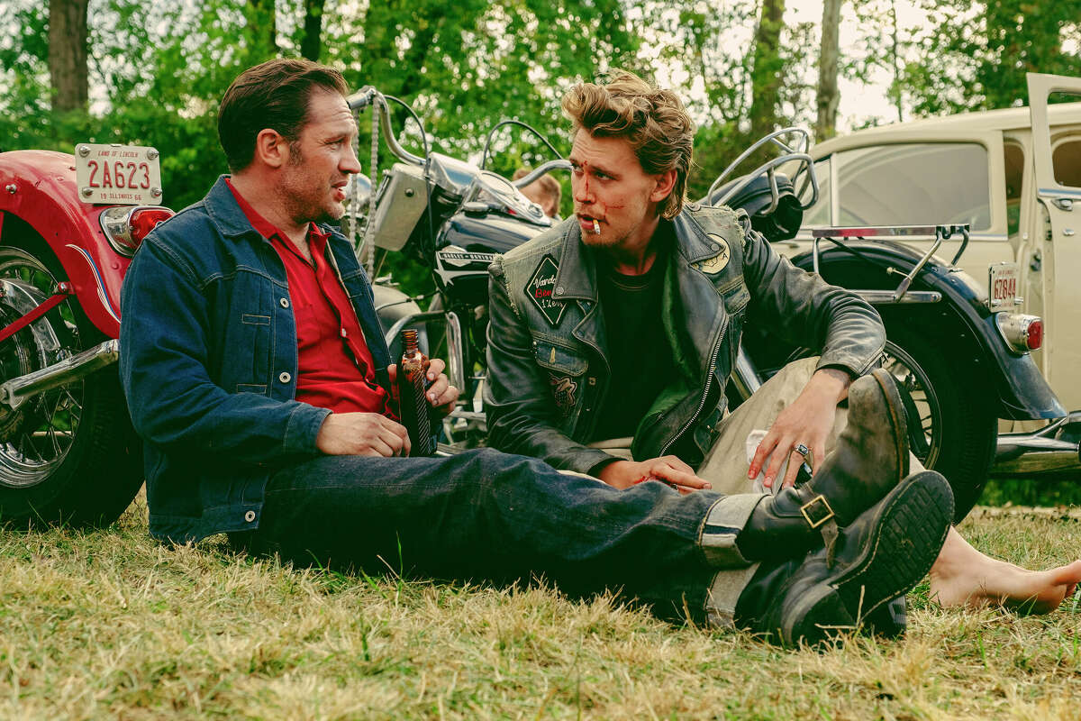 Tom Hardy, left, and Austin Butler in a scene from 'The Bikeriders.'