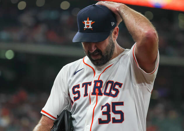 Houston Astros starting pitcher Justin Verlander (35) returns to the dugout in the top of the first inning during the MLB game between the Cleveland Guardians and Houston Astros at Minute Maid Park on May 1, 2024 in Houston, Texas.