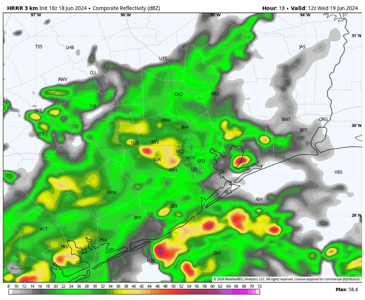 Shown is the High Resolution Rapid Refresh model's depiction of future radar Wednesday morning. Widespread rain is expected, with embedded pockets of heavier rain likely mainly near and south of Houston.