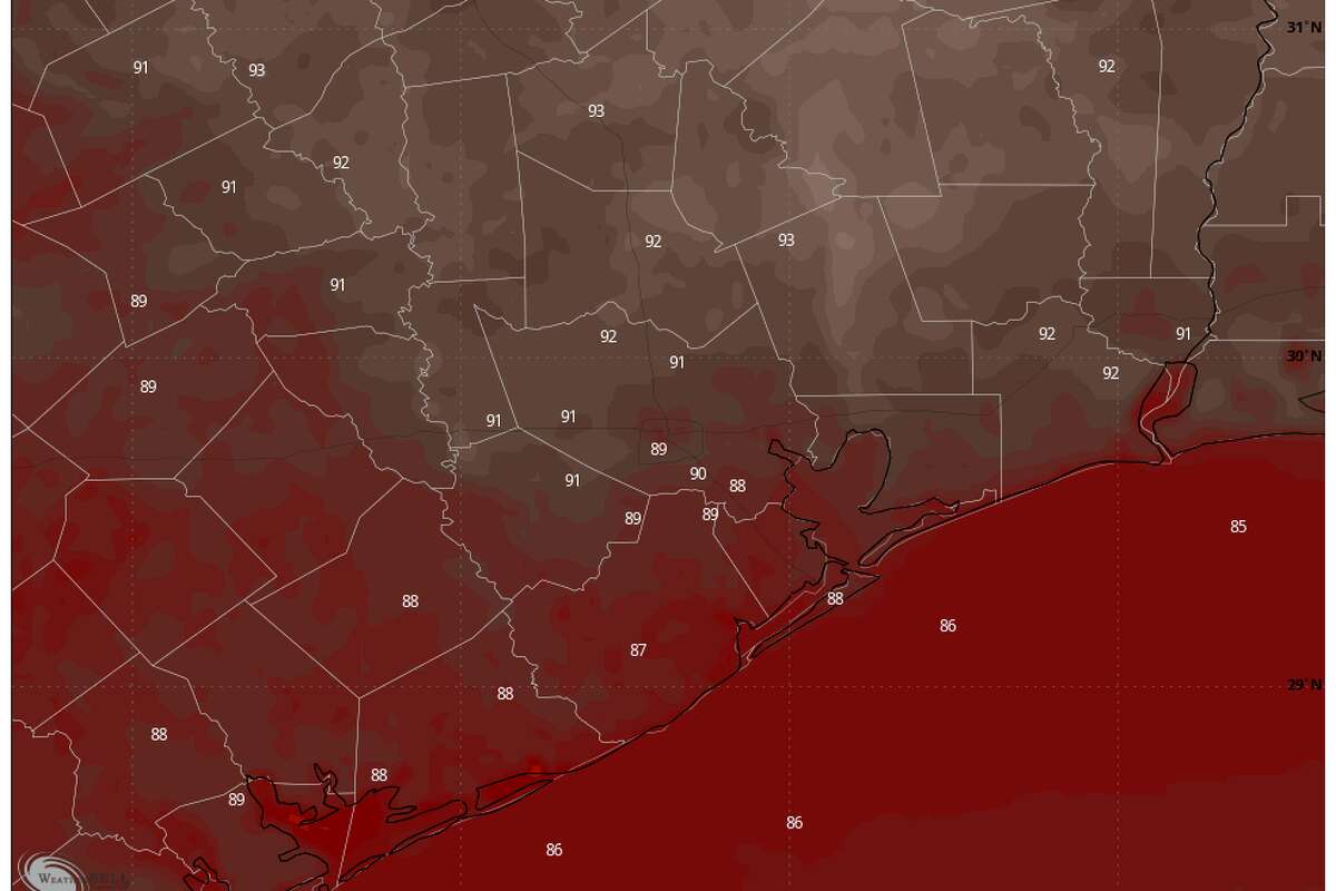 Shown are forecast high temperatures Thursday in Southeast Texas, according to the National Blend of Models. Most areas will see highs top out near 90 degrees, which is a degree or two cooler than normal for late June.