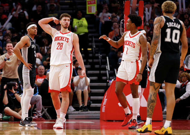 Alperen Sengun #28 of the Houston Rockets reacts after a basket in the second half against the San Antonio Spurs at Toyota Center on March 05, 2024 in Houston, Texas. 