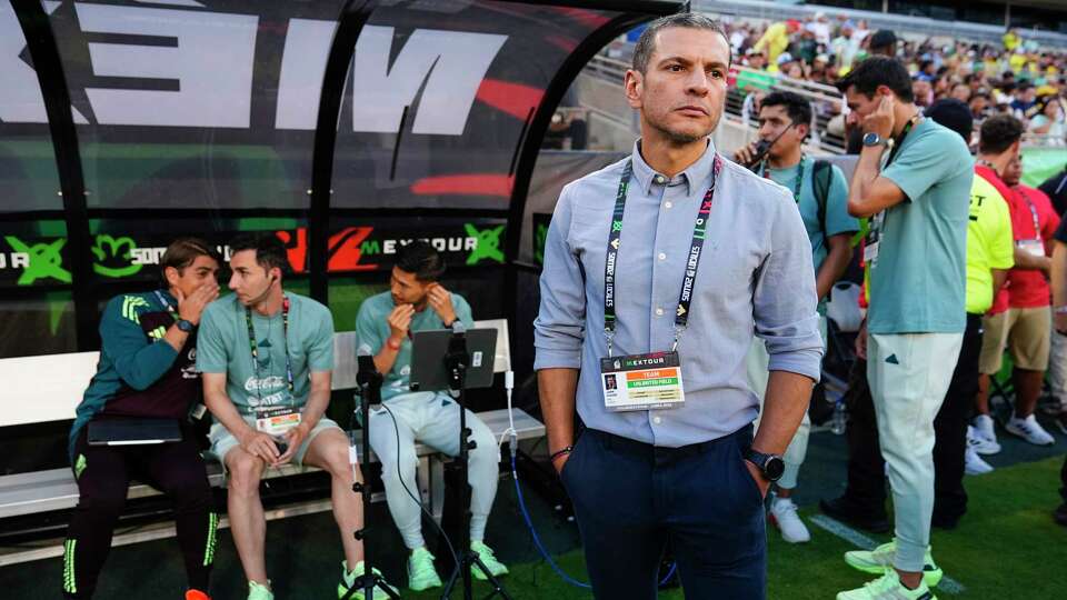 FILE - Mexico head coach Jaime Lozano looks on prior to an international soccer friendly match between Mexico and Brazil, Saturday, June 8, 2024, at Texas A&M's Kyle Field in College Station, Texas. Mexico will arrive at the Copa América 2024 looking for a fresh start after disappointing performances in the last World Cup and in the CONCACAF Nations League where the Mexicans lost to the U.S. (AP Photo/Julio Cortez, File)