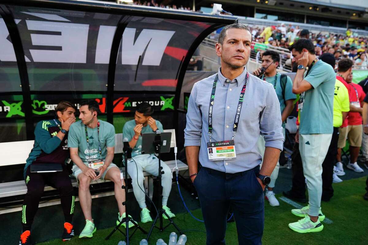 FILE - Mexico head coach Jaime Lozano looks on prior to an international soccer friendly match between Mexico and Brazil, Saturday, June 8, 2024, at Texas A&M's Kyle Field in College Station, Texas. Mexico will arrive at the Copa América 2024 looking for a fresh start after disappointing performances in the last World Cup and in the CONCACAF Nations League where the Mexicans lost to the U.S. (AP Photo/Julio Cortez, File)