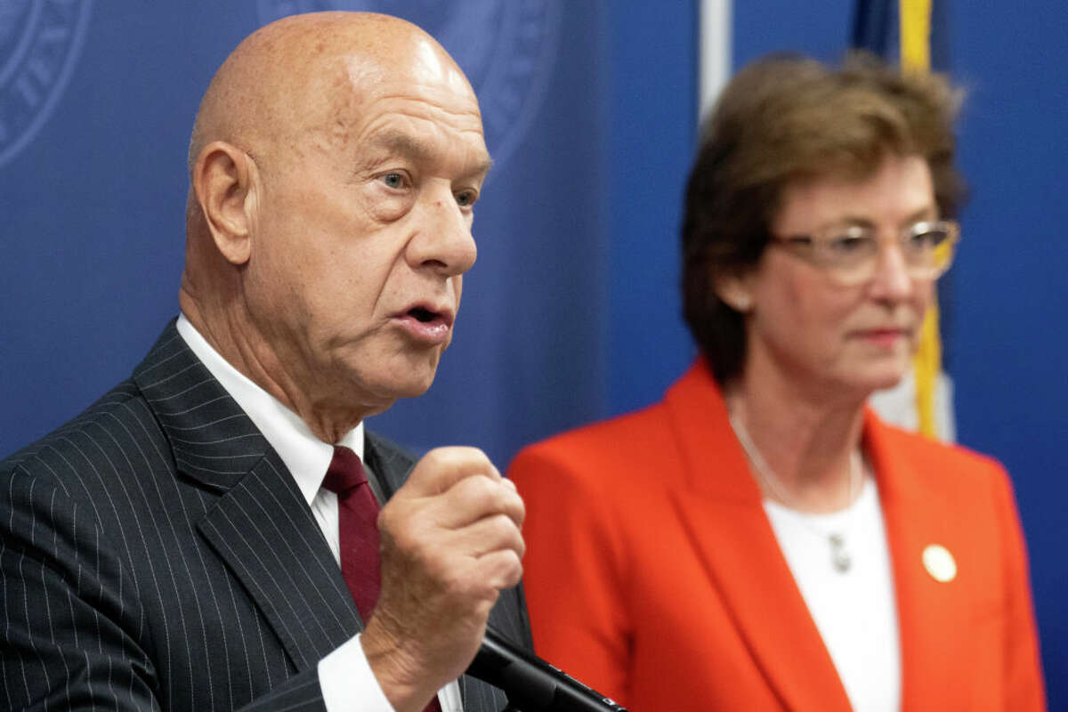 HOUSTON, TEXAS - MAY 31: Houston Mayor John Whitmire, left, speaks alongside Harris County District Attorney Kim Ogg during a press conference Friday. (Jason Fochtman/Houston Chronicle via Getty Images)