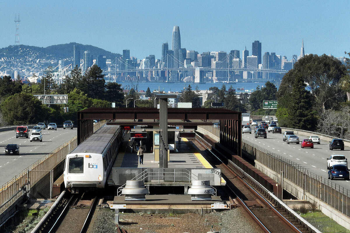 A Bay Area Rapid Transit (BART) train leaves the Rockridge station on March 15, 2023 in Oakland, California.