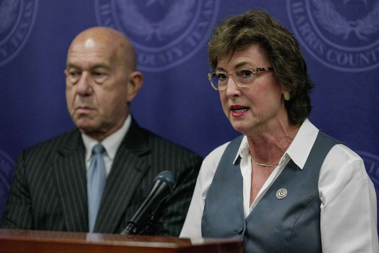 Harris County District Attorney Kim Ogg speaks alongside Mayor John Whitmire during a news conference announcing criminal corruption charges stemming from the investigation into Midtown Redevelopment Authority on Friday, June 21, 2024 in Houston.