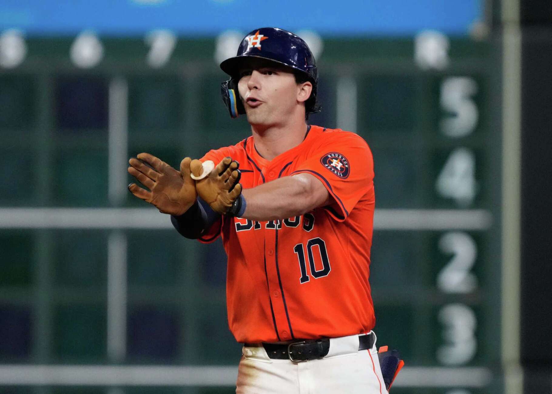 Houston Astros Joey Loperfido (10) reacts after hitting a 2-RBI double in the sixth inning of an MLB baseball game at Minute Maid Park, Friday, June 21, 2024, in Houston.