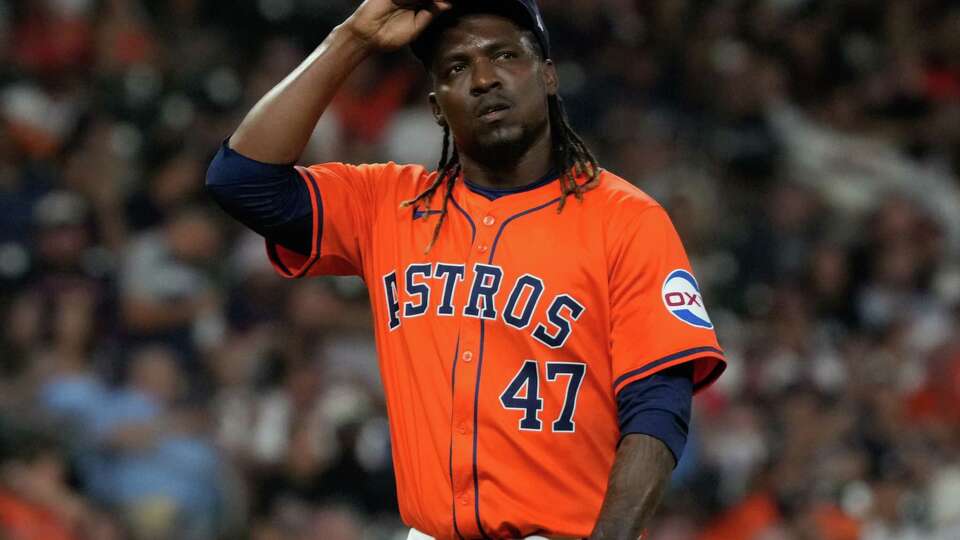 Houston Astros pitcher Rafael Montero (47) reacts after being pulled after giving up a two-run home run to Baltimore Orioles Anthony Santander in the eighth inning of an MLB baseball game at Minute Maid Park, Friday, June 21, 2024, in Houston.