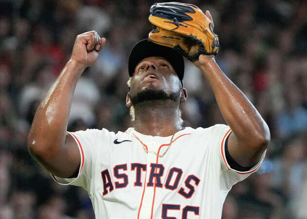 Houston Astros starting pitcher Ronel Blanco (56) reacts after striking out Baltimore Orioles Ryan Mountcastle to end the top of the third inning of an MLB baseball game at Minute Maid Park, Saturday, June 22, 2024, in Houston.