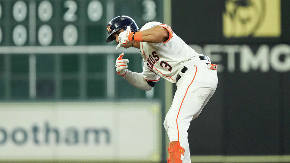 Houston Astros shortstop Jeremy Peña (3) celebrates after hitting an RBI double against Baltimore Orioles relief pitcher Dillon Tate (55) during the sixth inning of an MLB game Sunday, June 23, 2024, at Minute Maid Park in Houston.