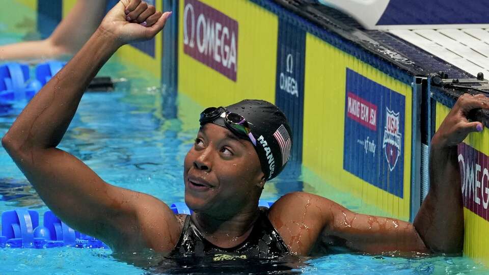 Simone Manuel reacts after the Women's 50 freestyle finals Sunday, June 23, 2024, at the US Swimming Olympic Trials in Indianapolis.