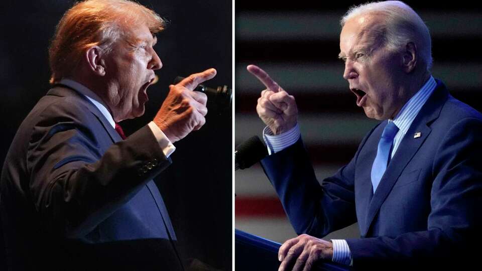 This combination of photos taken in Columbia, S.C. shows former President Donald Trump, left, on Feb. 24, 2024, and President Joe Biden on Jan. 27, 2024. The clash between Biden and Trump on Thursday, June 27, may be the most consequential presidential debate in decades. Biden is desperately seeking momentum amid pervasive concerns about his age and leadership on key foreign and domestic policies. Trump will step onto the stage brimming with confidence, despite his status as the only presidential debate participant ever convicted of a felony.