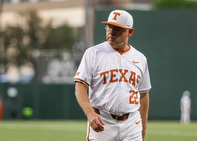 Texas Longhorns head coach David Pierce looks towards home plate as he walks off the field during the Big 12 baseball game between the Texas Longhorns and the BYU Cougars on April 4, 2024, at UFCU Disch-Falk Field in Austin, Texas.