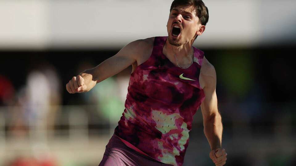 EUGENE, OREGON - JUNE 23: Jacob Wooten reacts while competing in the men's pole vault final on Day Three 2024 U.S. Olympic Team Trials Track & Field at Hayward Field on June 23, 2024 in Eugene, Oregon.