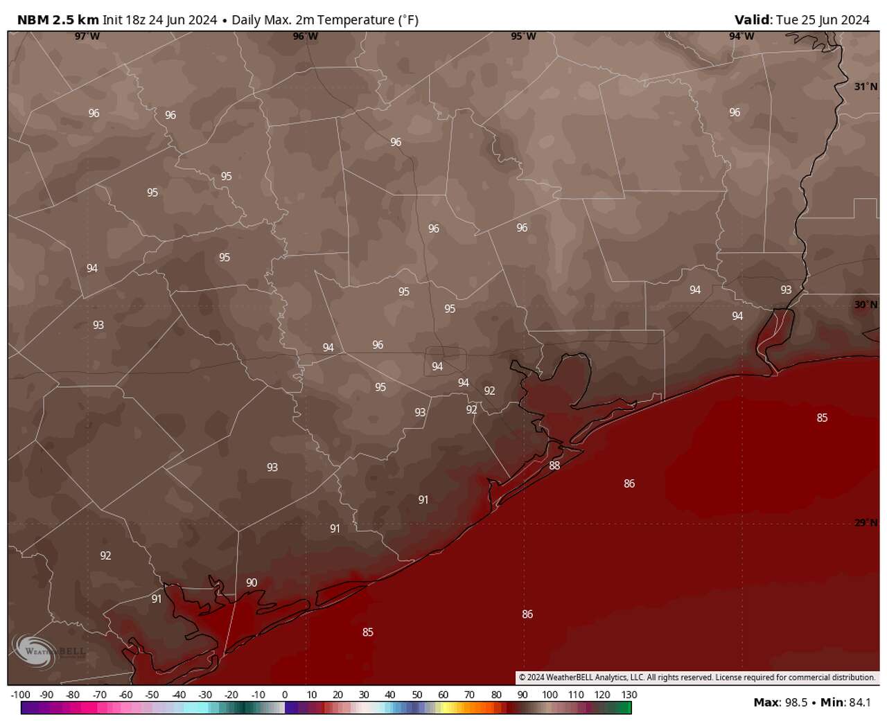 Shown are forecast high temperatures in the Houston area Tuesday, according to the National Blend of Models. Highs Tuesday top out in the mid-90s for most areas.