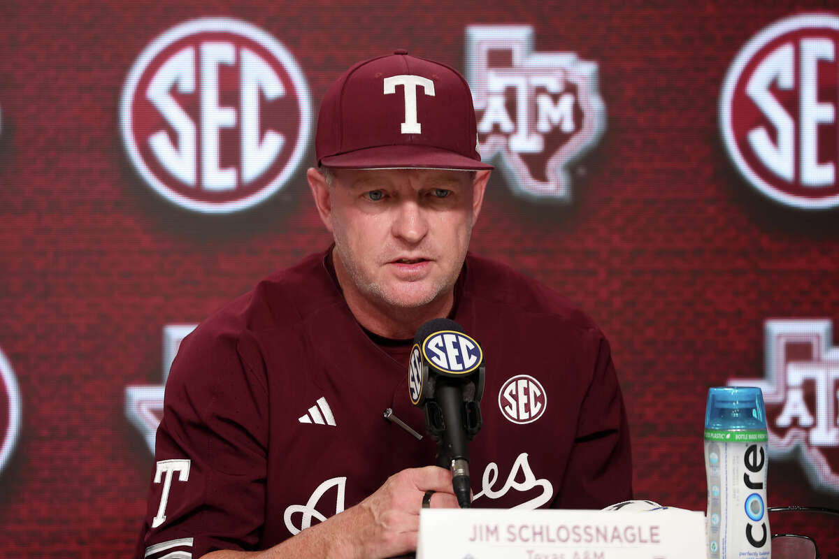 Texas A&M Aggies head coach Jim Schlossnagle during the post game press conference after the 2024 SEC Baseball Tournament game between the Tennessee Volunteers and the Texas A&M Aggies on May 23, 2024 at the Hoover Metropolitan Stadium in Hoover, Alabama.