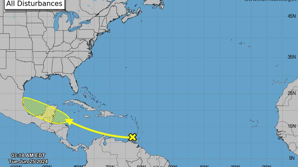 A westward-moving tropical wave in the southeastern Caribbean Sea is producing disorganized showers and thunderstorms.