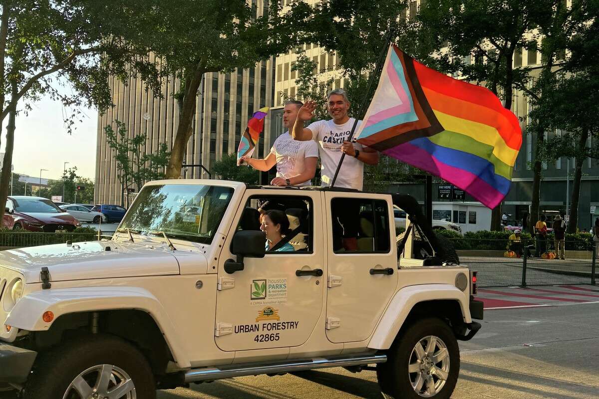 Houston city councilman Mario Castillo rides in the inaugural New Faces of Pride parade.