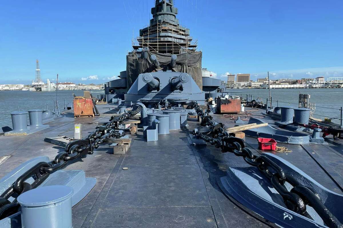 Among the most recent renovations to the Battleship Texas, most of the bow has been freshly blasted and painted.