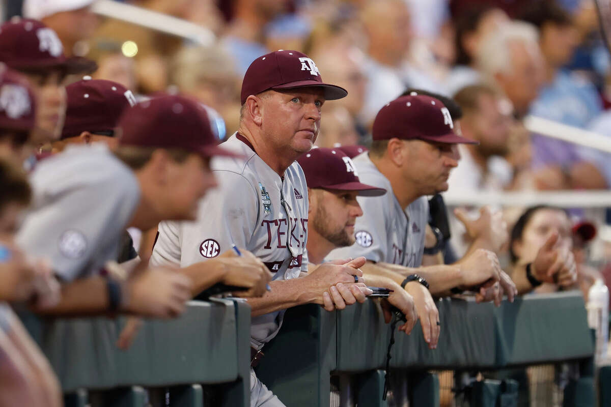 Texas A&M head coach Jim Schlossnagle pictured during an NCAA College World Series baseball game against Kentucky on Monday, June 17, 2024, in Omaha, Neb.