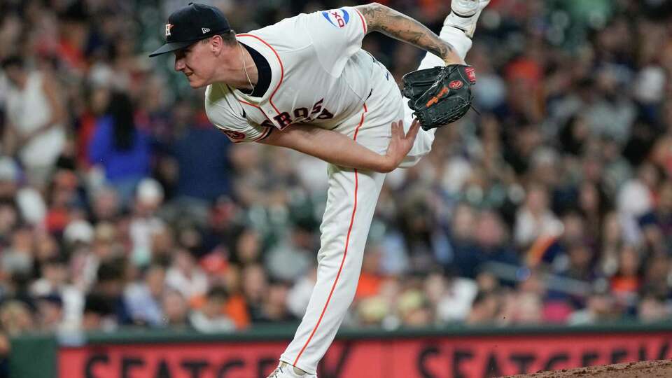 Houston Astros starting pitcher Hunter Brown (58) delivers in the third inning of an MLB baseball game at Minute Maid Park, Tuesday, June 25, 2024, in Houston.