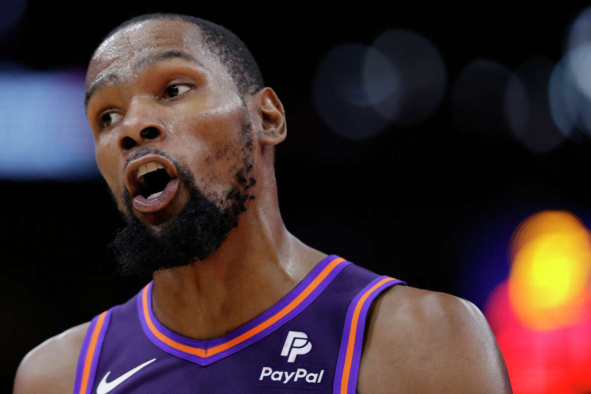 Kevin Durant #35 of the Phoenix Suns reacts against the Houston Rockets during the second half at Toyota Center on February 23, 2024 in Houston, Texas.