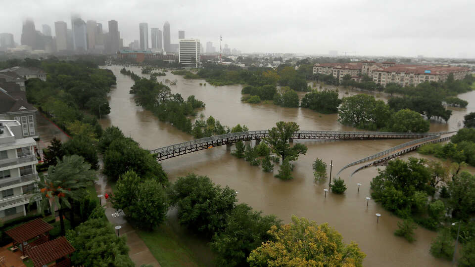 Overhead view of the floods from Buffalo Bayou on Memorial Drive and Allen Parkway, as heavy rains continued falling from Hurricane Harvey, Monday, Aug. 28, 2017, in Houston.