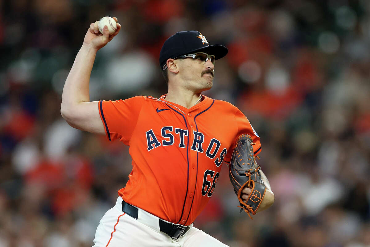 HOUSTON, TEXAS - APRIL 12: J.P. France #68 of the Houston Astros pitches in the first inning against the Texas Rangers at Minute Maid Park on April 12, 2024 in Houston, Texas. (Photo by Tim Warner/Getty Images)