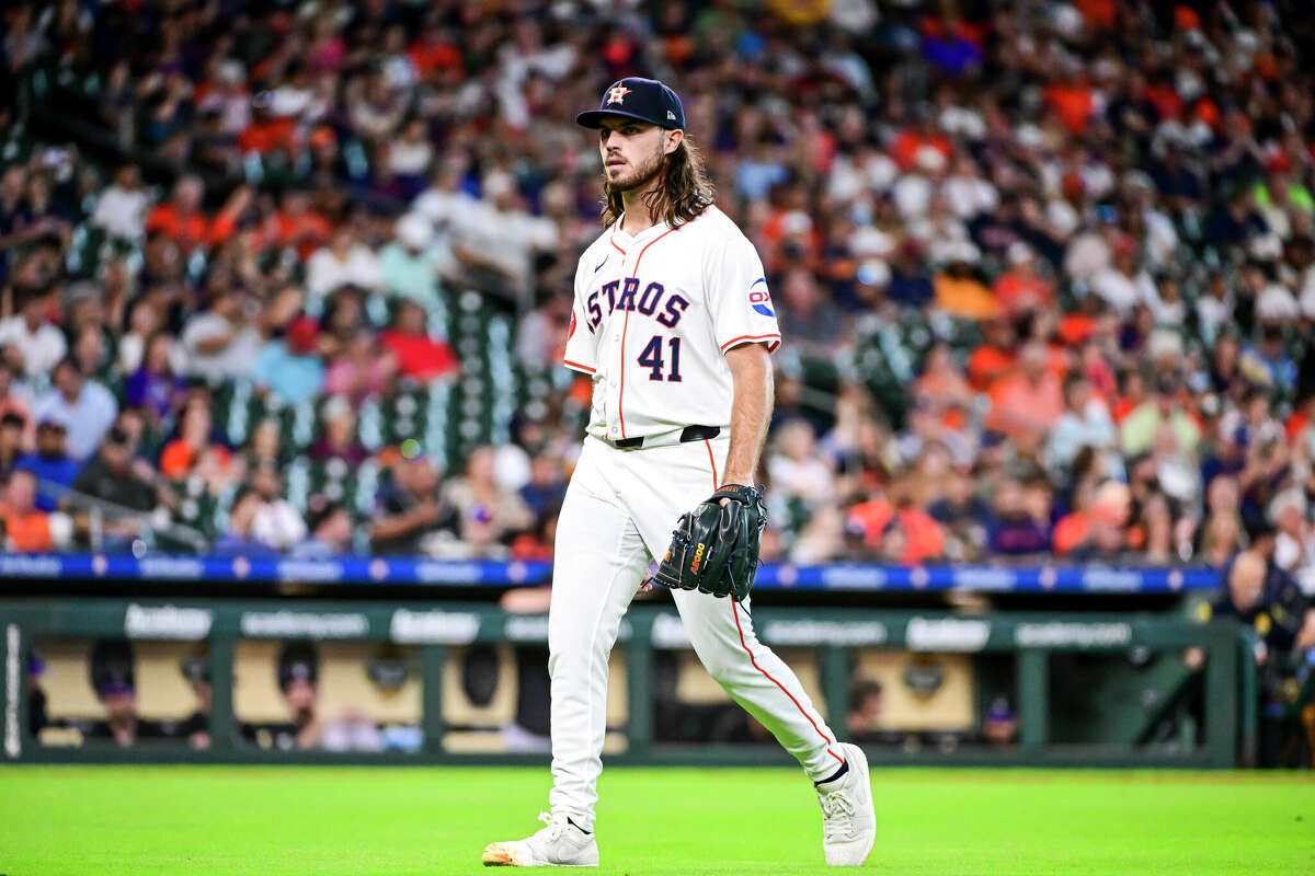 Spencer Arrighetti #41 of the Houston Astros walks to the dugout in the fourth inning against the Colorado Rockies at Minute Maid Park on June 26, 2024 in Houston, Texas. 