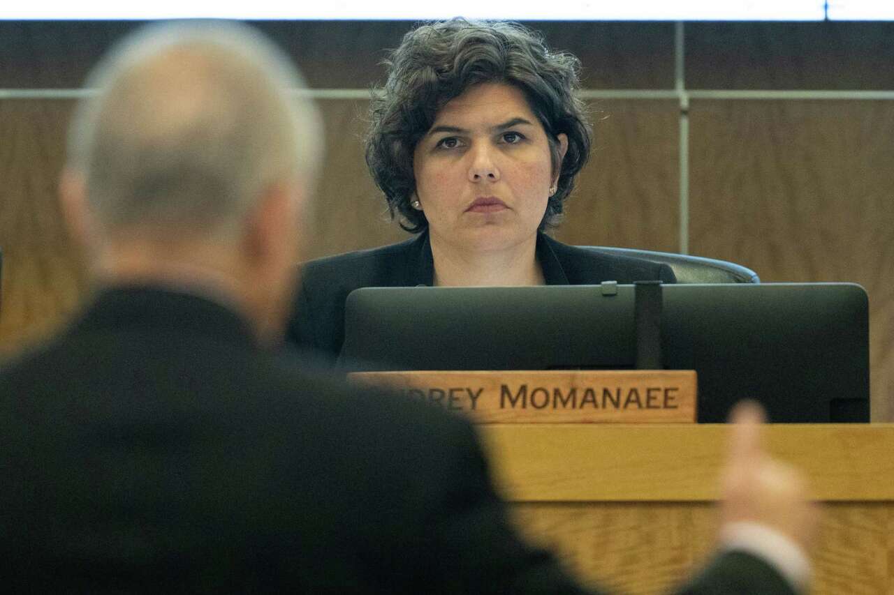 Houston ISD board of managers member Audrey Momanaee listens as Superintendent Mike Miles presents on the district's STAAR testing results for the 2023-2024 school year during a Houston ISD board of managers at the Hattie Mae White Educational Support Center, Thursday, June 27, 2024, in Houston.