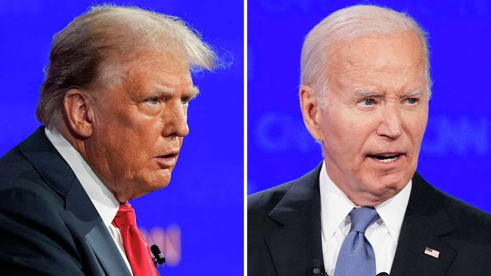 This combination of photos shows Republican presidential candidate former President Donald Trump, left, and President Joe Biden during a presidential debate hosted by CNN, Thursday, June 27, 2024, in Atlanta. (AP Photo/Gerald Herbert)