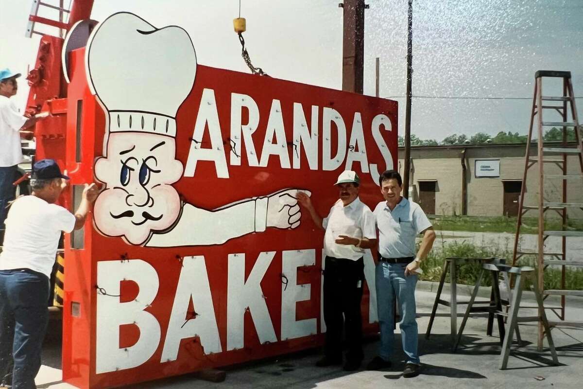 An undated photograph shows the Arandas Bakery sign going up along Airline Drive in Houston, Texas. 