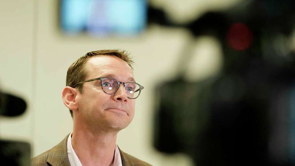 Texas Education Commissioner Mike Morath speaks to the media during a visit at Kashmere High School, 6900 Wileyvale Rd., Tuesday, Feb. 6, 2024, in Houston.