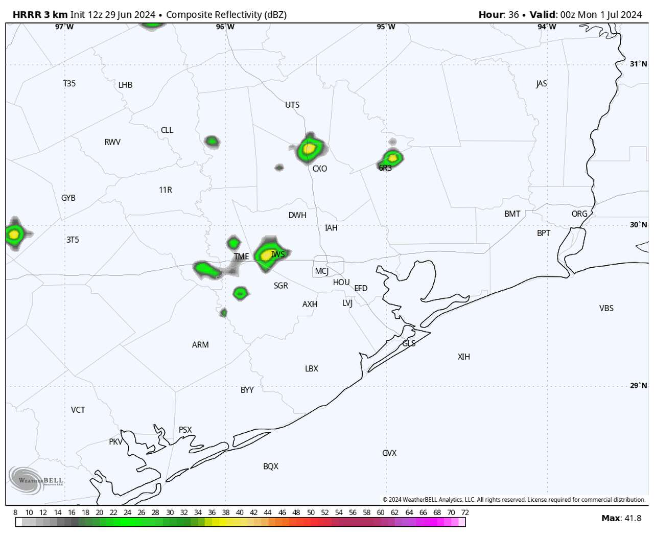 Shown is the future radar at 7 p.m. Sunday. A few isolated showers and storms are possible.