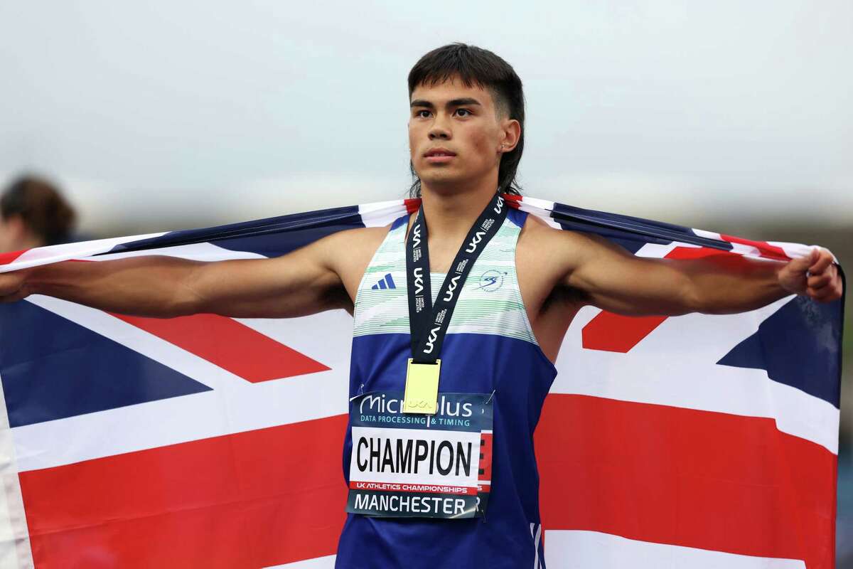 MANCHESTER, ENGLAND - JUNE 29: Gold medalist Louie Hinchliffe of Team City of Sheffield & Dearne AC poses for a photo during the medal ceremony for Men's 100 Metres Final on Day One of UK Athletics Championships 2024 at Manchester Regional Arena on June 29, 2024 in Manchester, England.