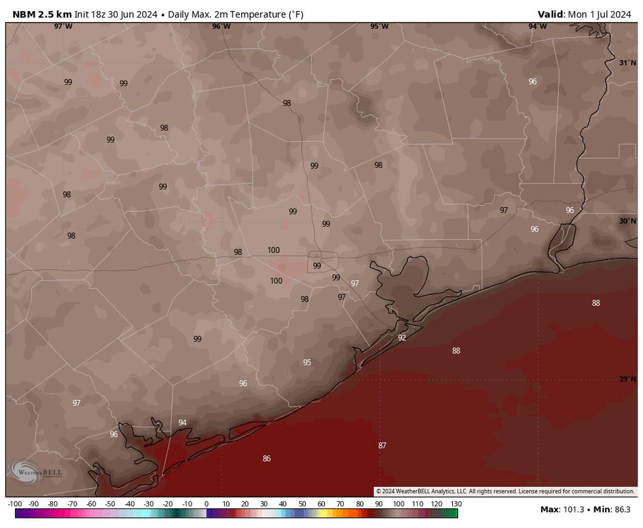 Shown are forecast high temperatures across Southeast Texas Monday, according to the National Blend of Models. Most of the Houston area will make a run at 100 degrees.