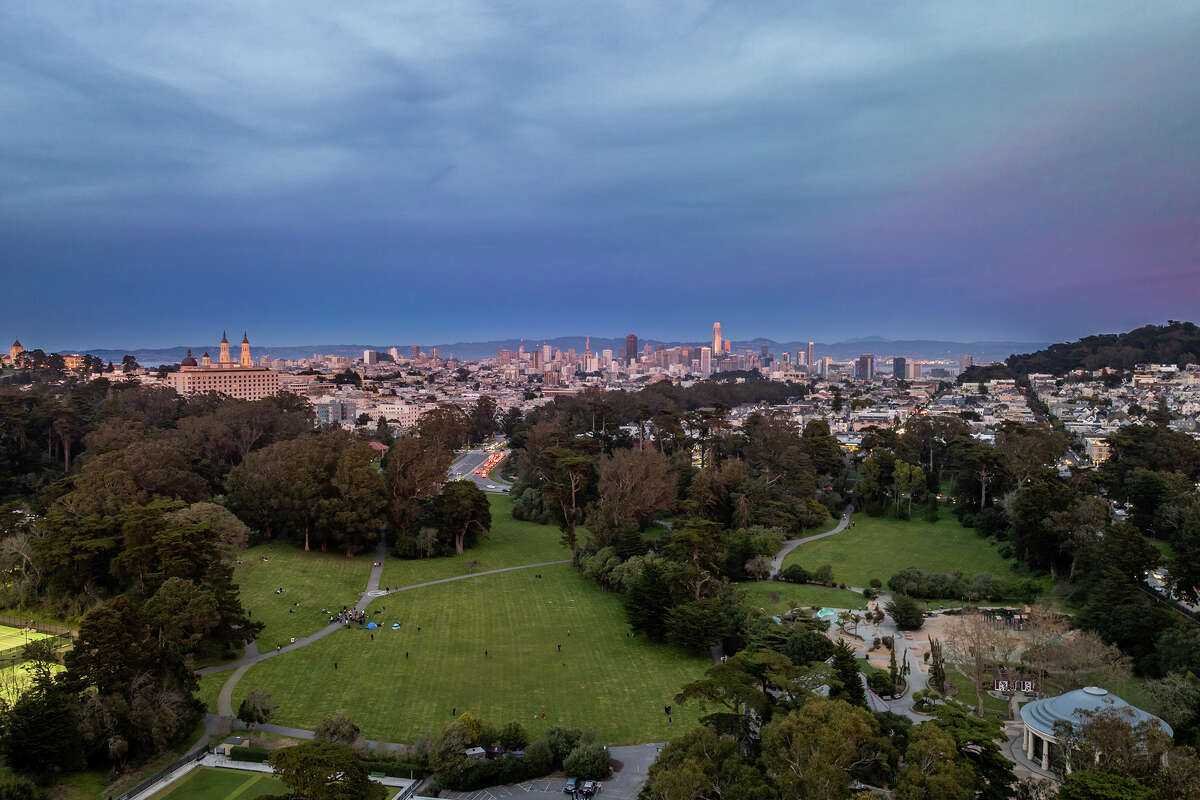 Aerial stock photo of downtown San Francisco from Golden Gate Park at dusk.