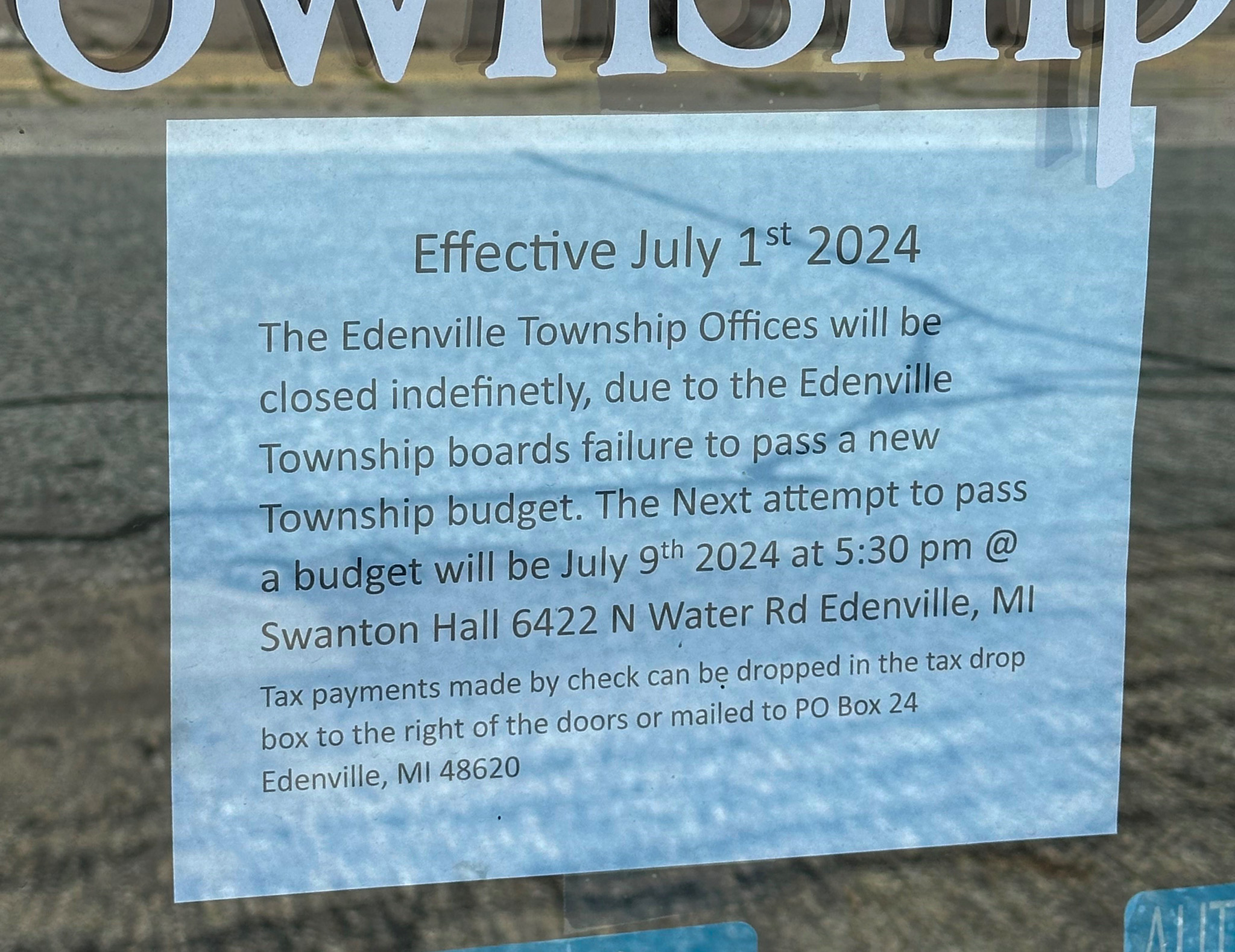 Edenville Township office closes after board fails to pass budget