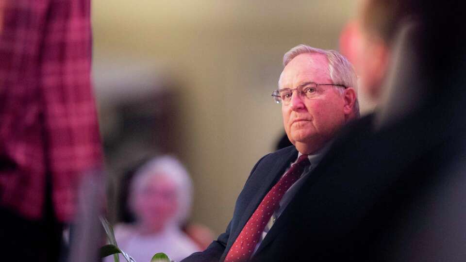 Texas A&M president Mark Welsh III watches during Michael Earley’s welcome ceremony on Tuesday, July 2, 2024, in College Station. Earley was appointed head coach of Texas A&M’s baseball program on Sunday, June 31.