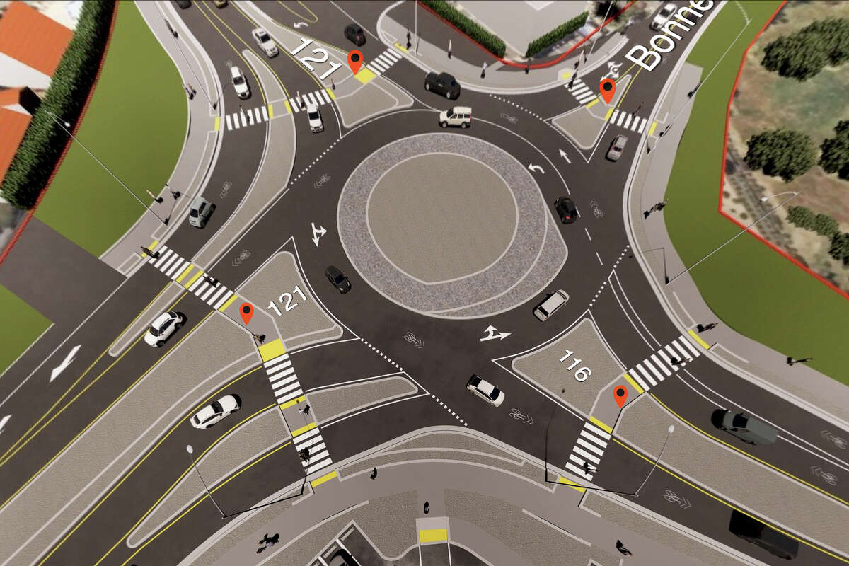 A digital rendering of the roundabout that will replace the SR-116 and SR-121 intersection