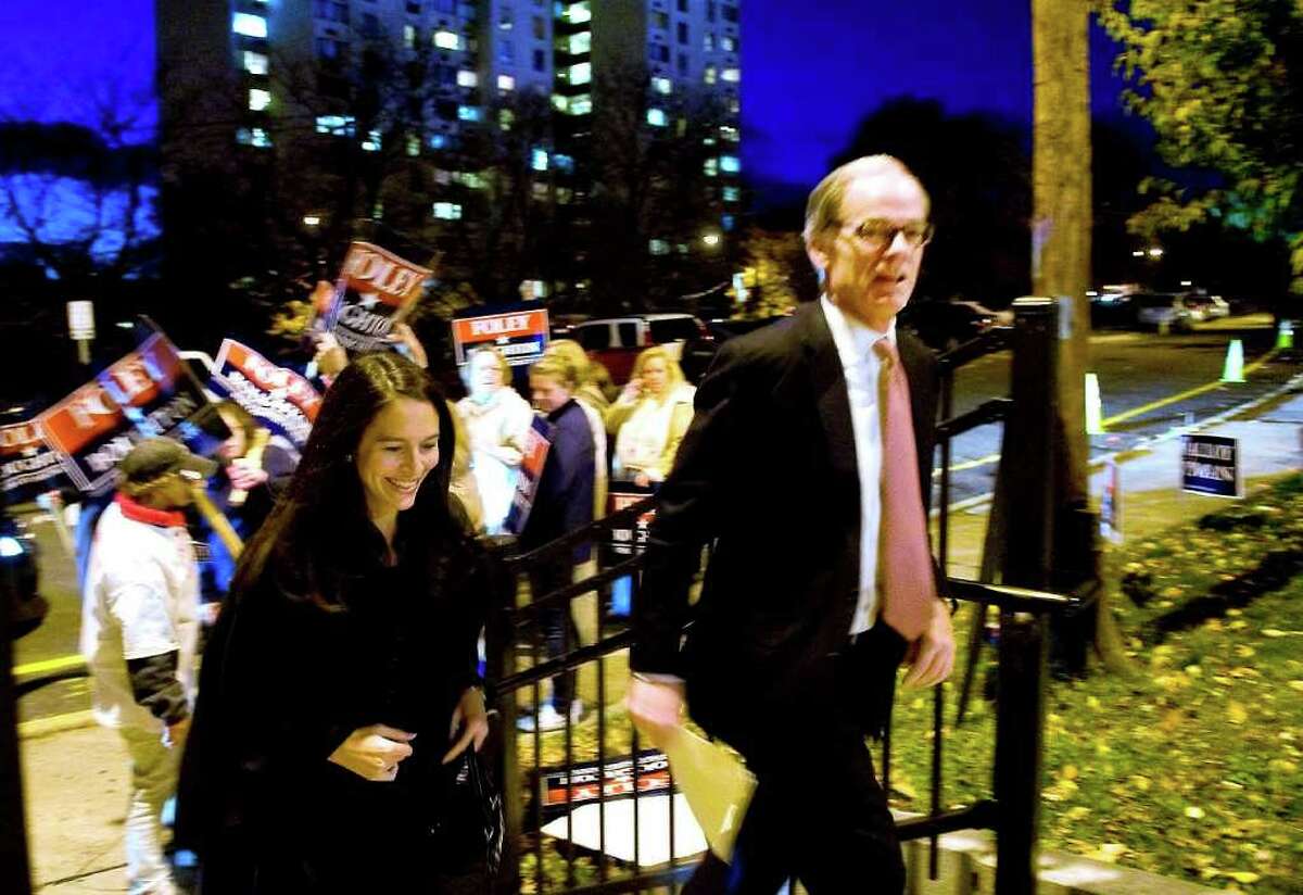 Republican Tom Foley and his wife Leslie Fahrenkopf arrive at Stamford High School where the candidates for governor met for one last debate before Election Day as part of the 45th Annual NAACP conference in Stamford, Conn. on Friday October 29, 2010.