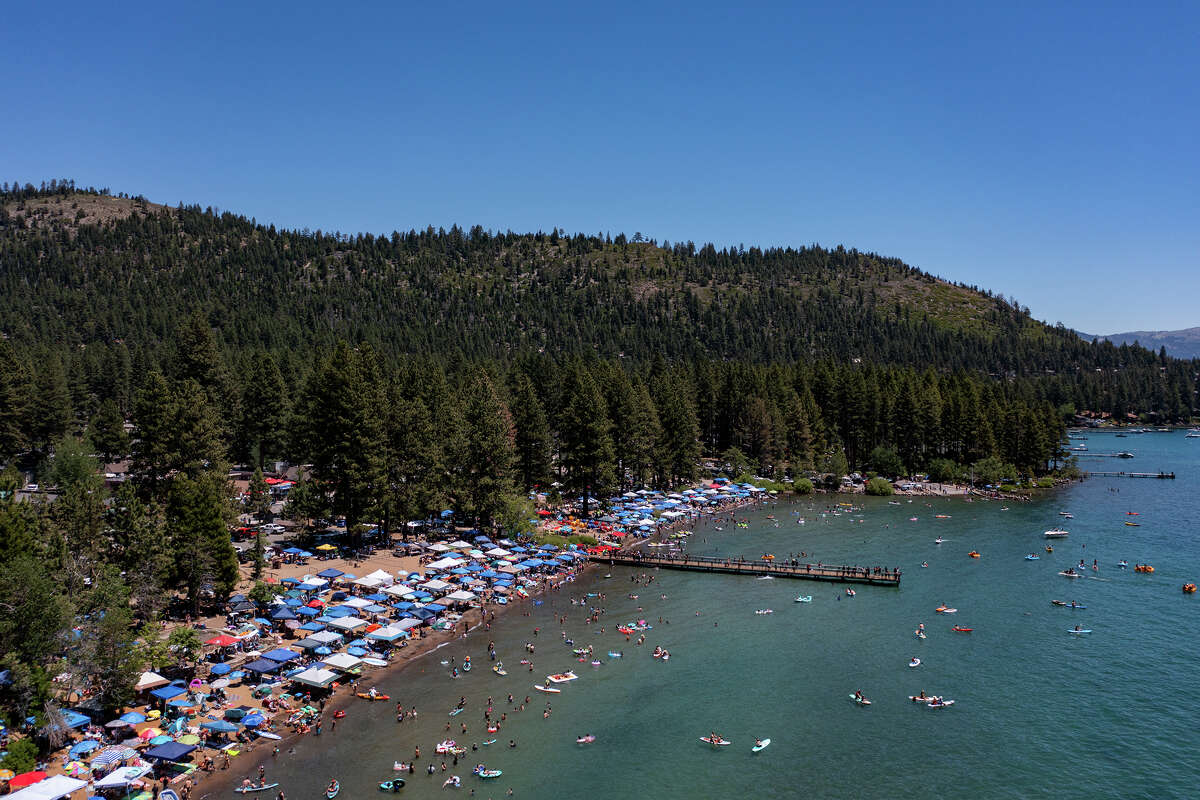 An aerial view of Kings Beach in Lake Tahoe on July 4, 2024. 