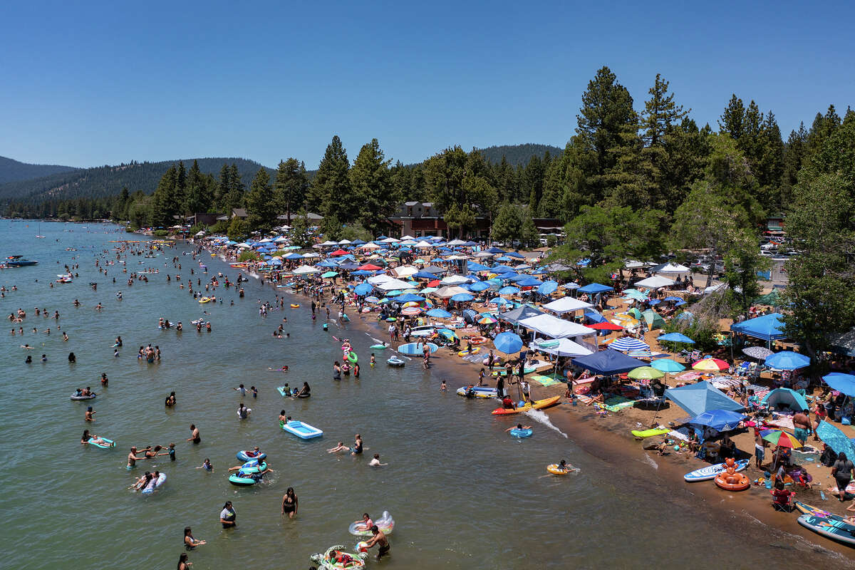 An aerial view of Kings Beach in Lake Tahoe on July 4, 2024. 