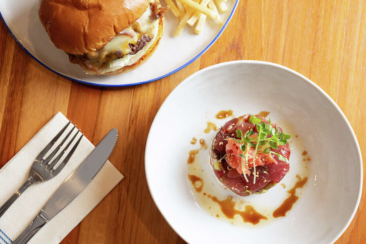 Tuna Poke and Wagyu American Kobe Beef Burger at GoGa in Saratoga Calif., July 3, 2024.