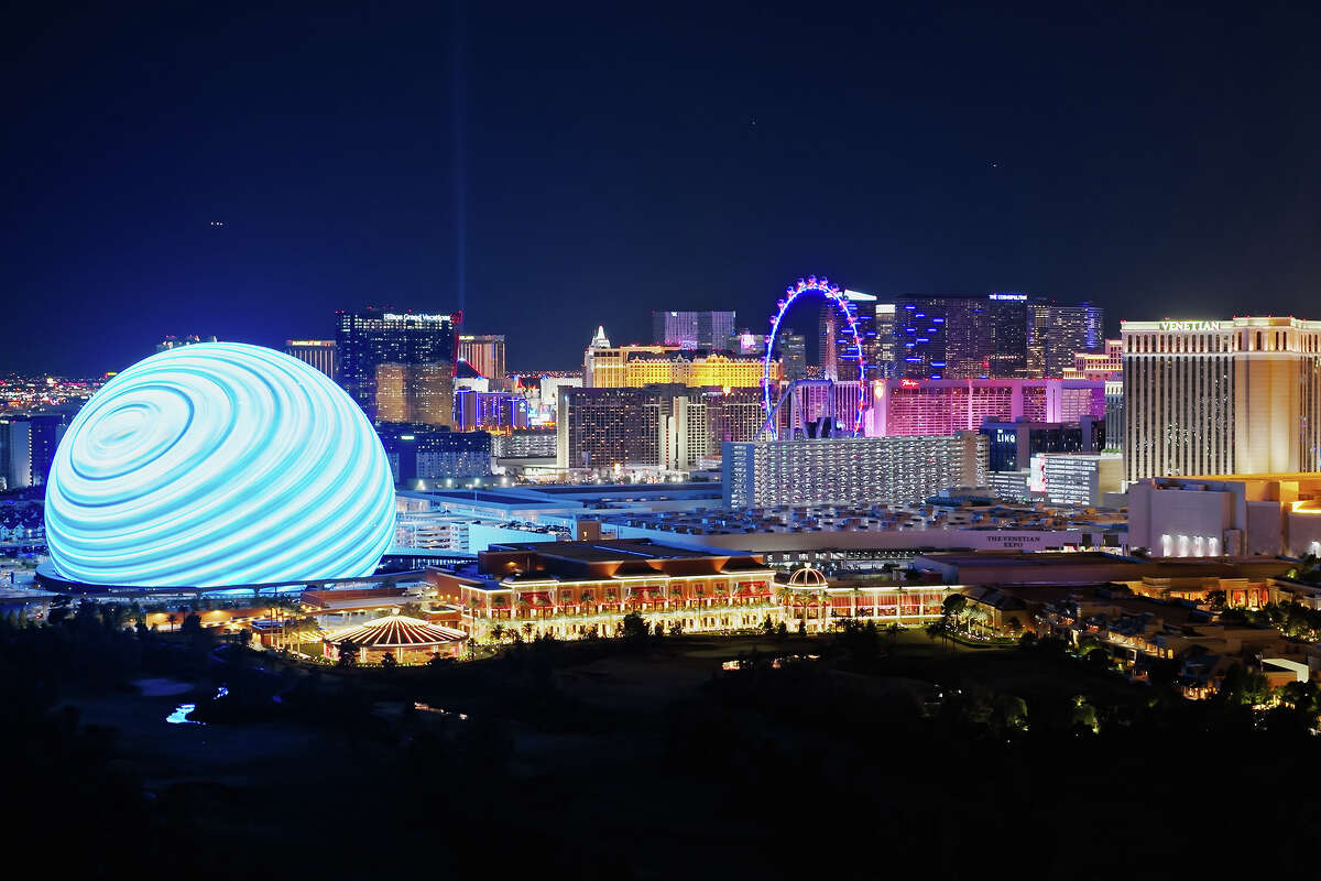 Aerial shot of Las Vegas, Nevada at night. Authorization was obtained from the FAA for this operation in restricted airspace.