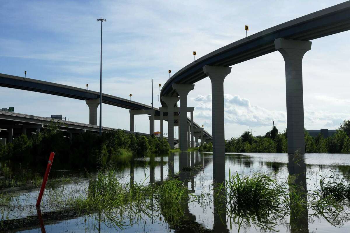 Water fills a detention pond after Hurricane Beryl struck the city Monday, July 8, 2024, in Houston.