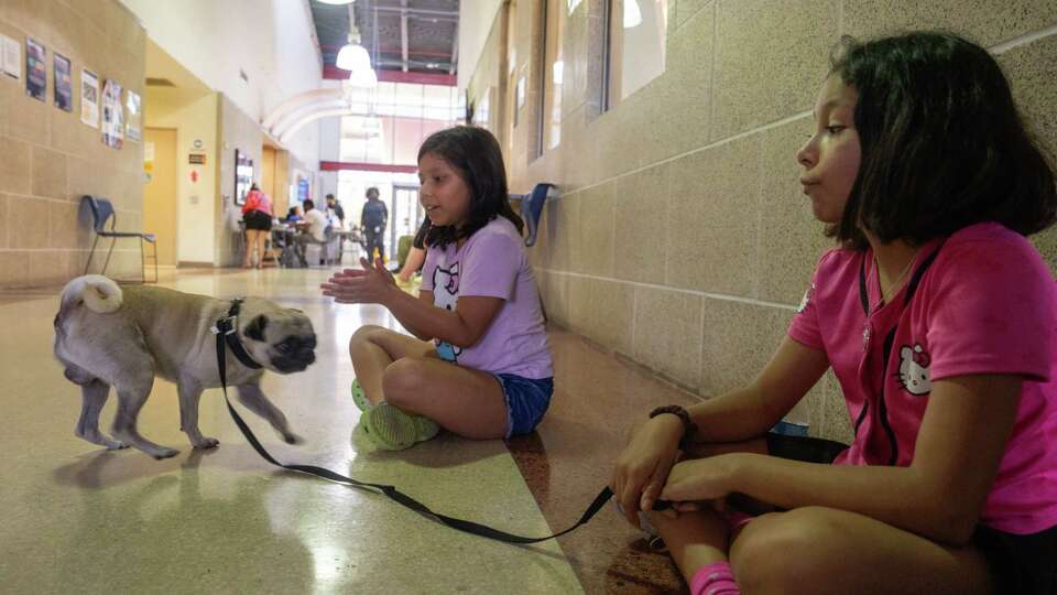 Sisters Alejandra Guardado, 11, right, and and Alaia Guardado, 7, sit with their pug Romeo just inside the door of the Southwest Multi-Service Center, located between Gulfton and Sharpstown in Houston, TX. It was the first city cooling center to open after Hurricane Beryl.