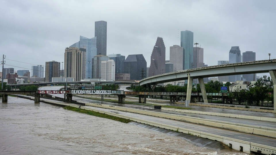 Severe flooding is seen next to the I-10 freeway just after Hurricane Beryl makes landfall on Monday, July 8, 2024 in Houston.